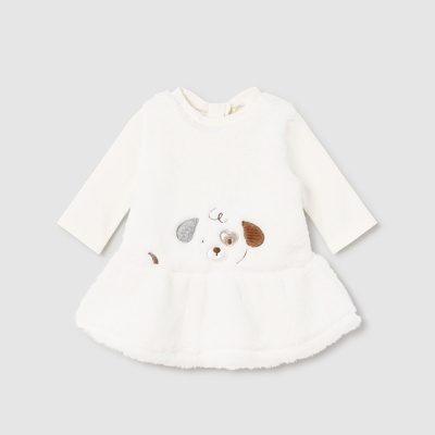 Vestido branco felpudo para bebê com bordado de cão