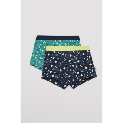 Dois boxers infantis em azul escuro e turquesa com padrões coloridos e cós contrastante