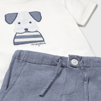 Conjunto infantil t-shirt branca com desenho de cachorro e calças cinzentas