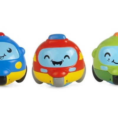 Brinquedos carrinhos coloridos com rostos sorridentes