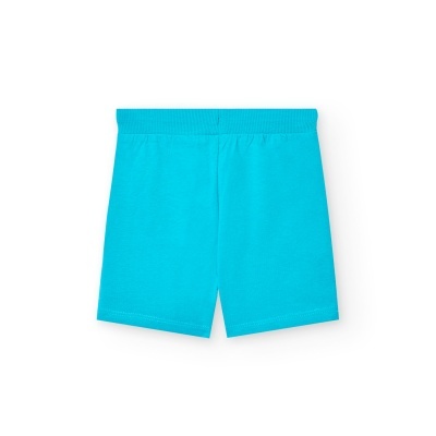Calções de criança azul turquesa com cintura elástica, fundo branco