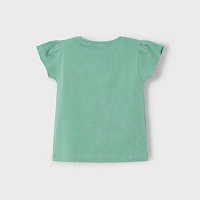 T-shirt infantil verde água com mangas curtas franzidas vista de trás