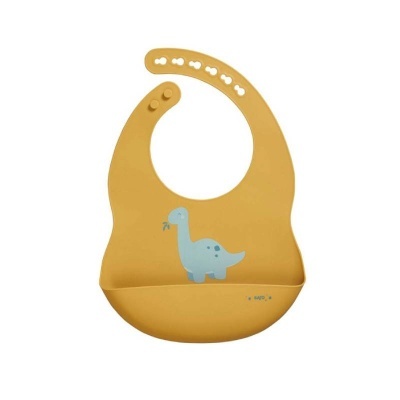 Babete de silicone mostarda com dinossauro azul e bolso coletor