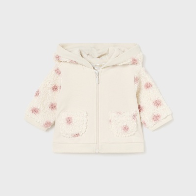 Casaco de bebé creme com pontos cor-de-rosa e capuz