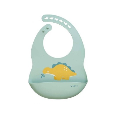 Babete de silicone azul claro com dinossauro amarelo e bolso coletor