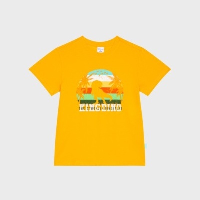 T-shirt infantil amarela com dinossauro e palmeiras
