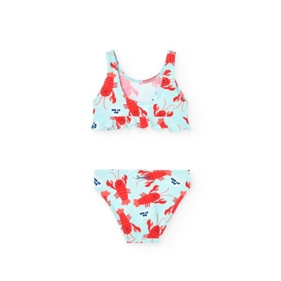 Biquíni infantil azul claro com lagostas vermelhas e texto SEA LA VIE