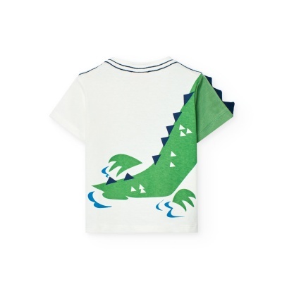 T-shirt branca infantil com estampa de dinossauro verde e detalhes azuis nas costas