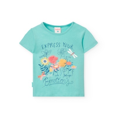 T-shirt azul turquesa com estampa de flores, libélulas e texto 'EXPRESS YOUR Emotions'. Etiqueta 'bobo' visível.