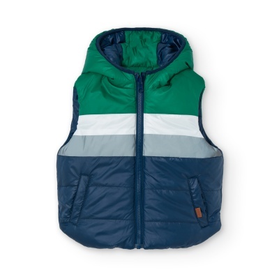 Colete infantil acolchoado com capuz em verde, branco, cinzento e azul