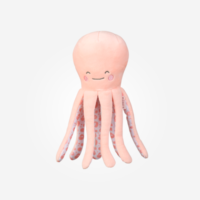 Pelúcia polvo cor-de-rosa com rosto sorridente e manchas cor-de-rosa nos tentáculos