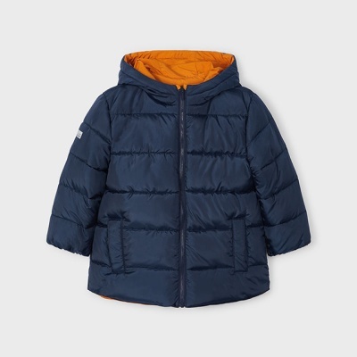 Casaco infantil azul escuro com capuz laranja