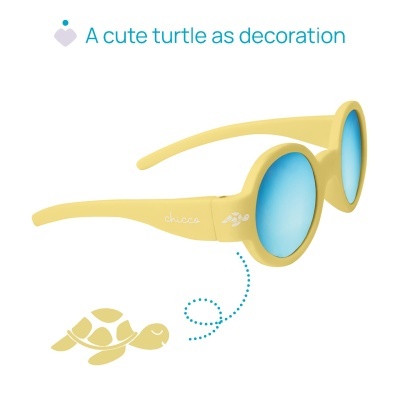 Óculos de sol amarelos com lentes azuis e decoração de tartaruga
