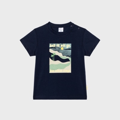 T-shirt infantil azul escuro com ilustração e texto