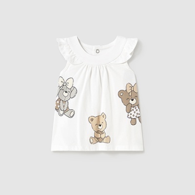 T-shirt branca para criança com estampado de ursinhos e folhos nos ombros
