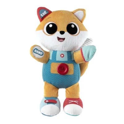 Boneco de pelúcia amarelo e branco com vestido azul e sapatos coloridos