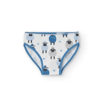 Cuecas infantis brancas com estampado de ovelhas azuis e cinzentas
