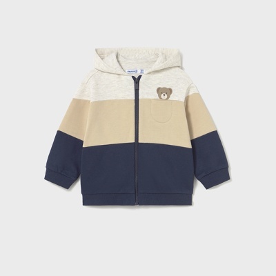 Casaco infantil com capuz tricolor e bolso com ursinho.