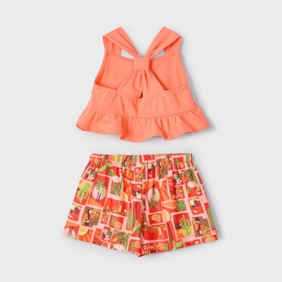 Conjunto infantil coral com top e calções estampados de cactus