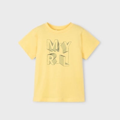 T-shirt amarela de criança com letras MYRL cinzentas