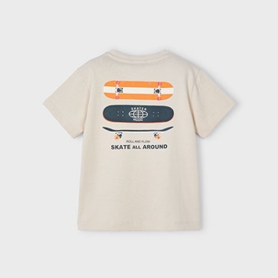 Camisola creme com estampa de três skates e texto