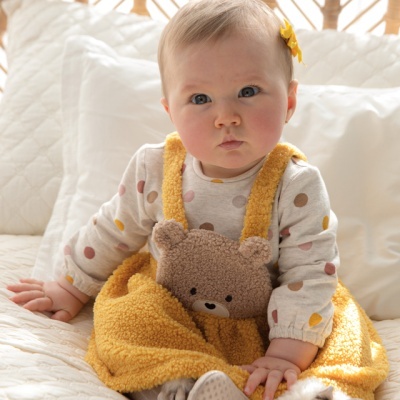 Bebé sentado com vestido amarelo peludo e camisola de bolinhas na cama branca