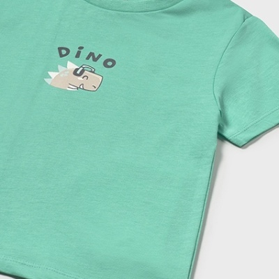 Camisola verde água de criança com estampa de dinossauro e texto DINO