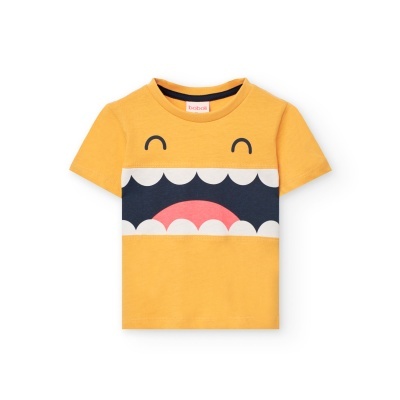 T-shirt infantil amarela com estampa de boca sorridente
