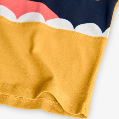 Detalhe da bainha de t-shirt colorida com costura visível