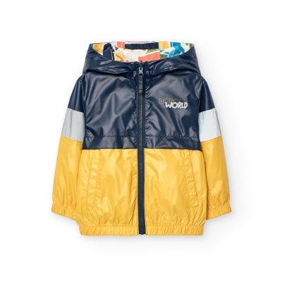 Casaco infantil azul escuro e amarelo com capuz e fecho