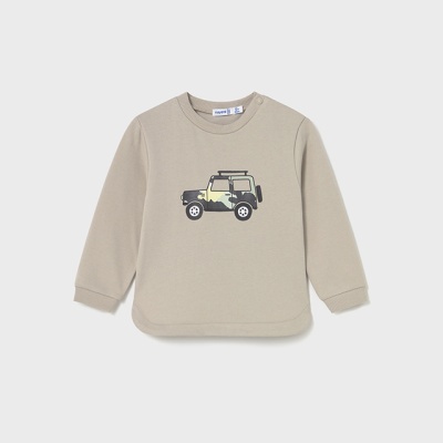 Camisola bege para criança com estampa de carro militar