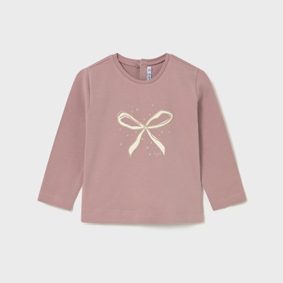 Camisola infantil manga comprida malva com laço creme estampado