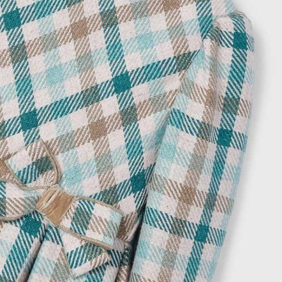Vestido infantil xadrez com laço frontal e etiqueta 'mayor' na gola