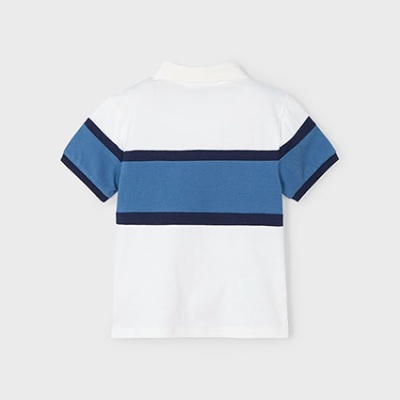 Camisola infantil branca com listra azul e azul-escuro nas costas e mangas