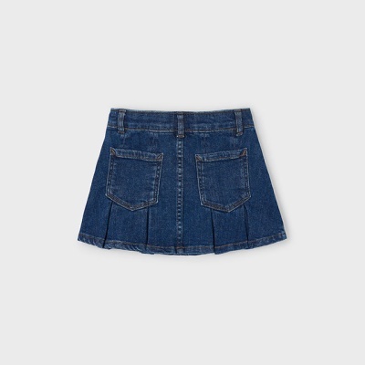 Saia de ganga azul escuro com bolsos traseiros e pregas