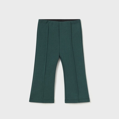 Calças infantis verdes com costuras verticais e cintura elástica preta