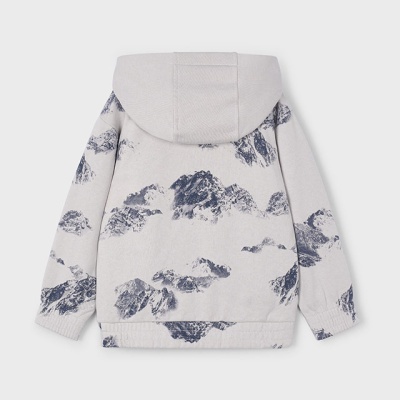 Casaco com capuz cinza claro com padrão de montanhas cinza escuro