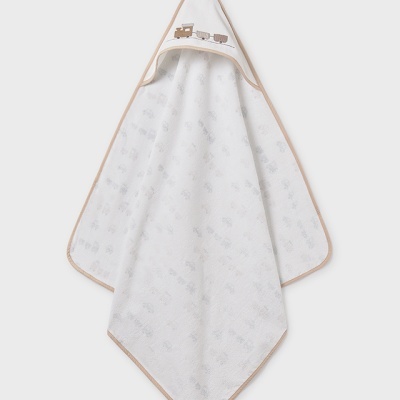 Toalha de banho para bebé branca com capuz e bordado de comboio.