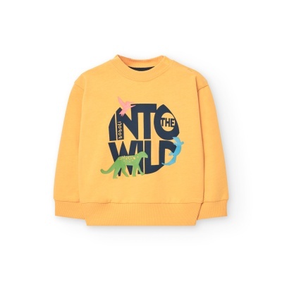 Sweatshirt infantil amarelo mostarda com estampa de animais e texto preto