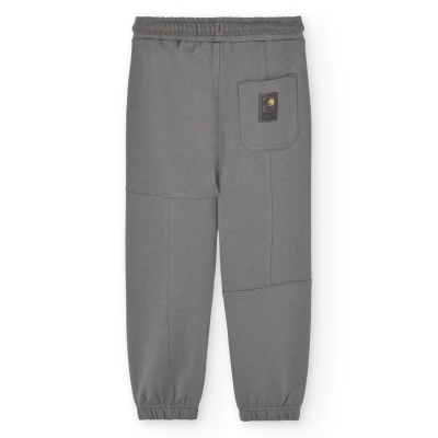 Calças de criança cinzentas com bolso quadrado e etiqueta preta