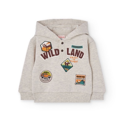 Sweatshirt cinzenta com capuz e estampas coloridas de floresta