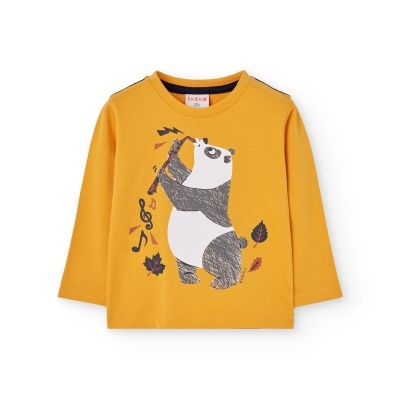 Camisola amarela de manga comprida com estampa de panda e motivos musicais
