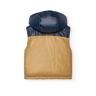 Colete infantil acolchoado azul escuro e bege com capuz