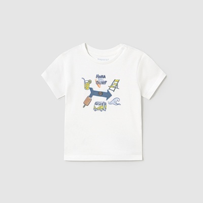 T-shirt branca de criança com estampado colorido e texto 'HORA DE SURF'.