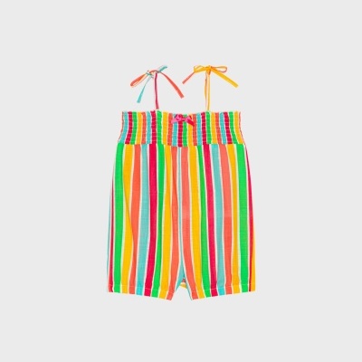 macacão infantil colorido às riscas com alças e laços