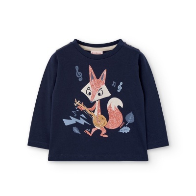 Camisola azul escura infantil com estampa de raposa tocando banjo