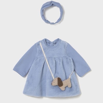 Vestido azul claro de criança com bolsa em forma de cão e banda de cabelo correspondente
