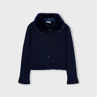 Camisola azul escura de malha com gola peluda e botões na frente