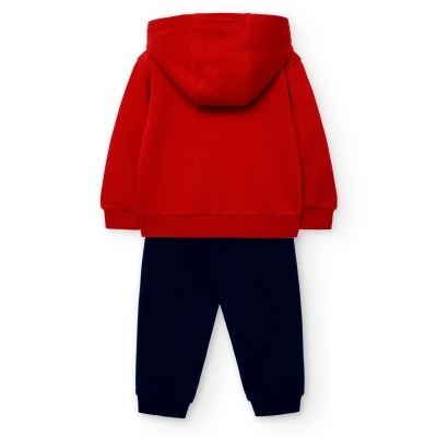 Conjunto de roupa infantil com casaco vermelho com capuz e calças azuis escuras