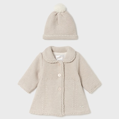 Conjunto de casaco e gorro de malha bege para bebé